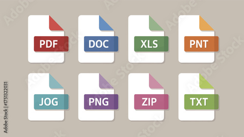 Collection of various document file format icons including pdf doc xls pnt jog png zip and txt displayed in a clean silhouette style