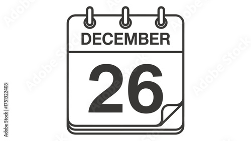 Simple black and white line art illustration of a tear off calendar page showing december 26th in a minimalist silhouette style