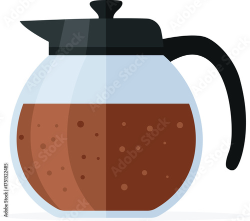 A clear glass coffee pot, partially filled with brown coffee, featuring a black lid and handle.