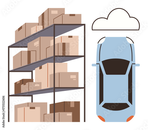 Warehouse rack loaded with cardboard boxes beside a parked blue car under a cloud. Ideal for logistics, storage, e-commerce, inventory, delivery systems, cloud technology, supply chain. Simple flat