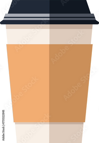 A flat vector illustration of a disposable coffee cup with a black lid and a tan sleeve.