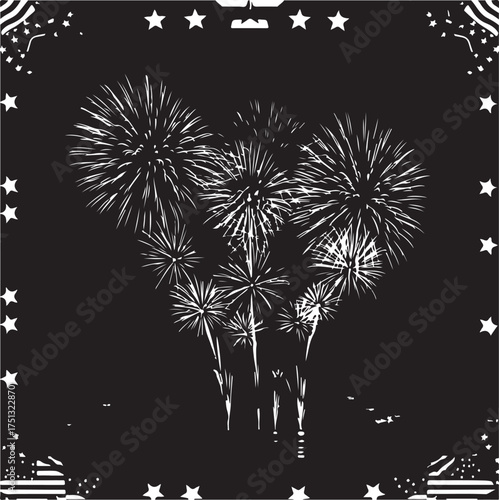 Black and white artistic rendering of a heart shaped firework display against a dark background with decorative borders