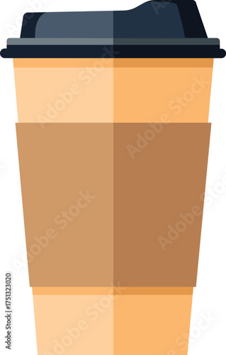 Isolated illustration of a disposable coffee cup with a brown sleeve and a dark blue lid.