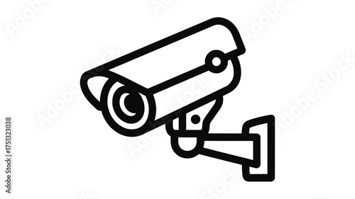 A simple black and white line drawing silhouette of a modern surveillance security camera mounted on a wall for monitoring and protection purposes silhouette