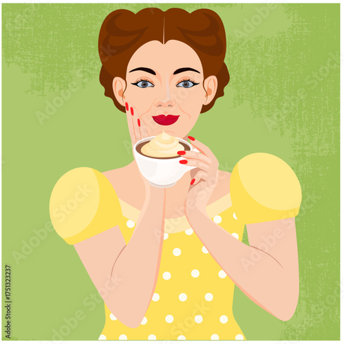 A girl in yellow with a cup of coffee with cream in a retro style