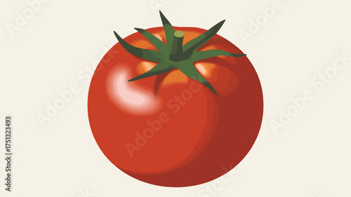 A vibrant red roma tomato with a green stem and leaves depicted in a clean minimalist silhouette style against a light background