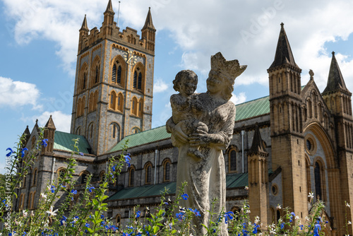 Photo of a statue of the virgin Mary holding baby Jesus at Buckfast abbey in Devon