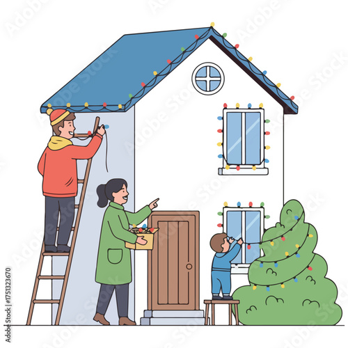 Family Decorating a House with Christmas Lights Building Holiday Cheer and Festive Spirit Together Creating Wonderful Memories