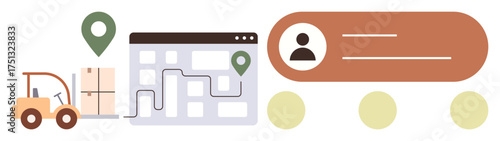 Forklift moving boxes, digital map with route and location pins, customer data window. Ideal for logistics, e-commerce, delivery, tracking, supply chain inventory and operations concepts. Simple