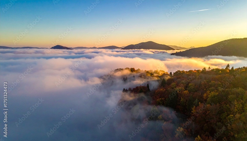 Fototapeta premium Stunning aerial view of mountains emerging from sea of clouds, golden sunset light illuminating autumn forest, peaceful nature scene