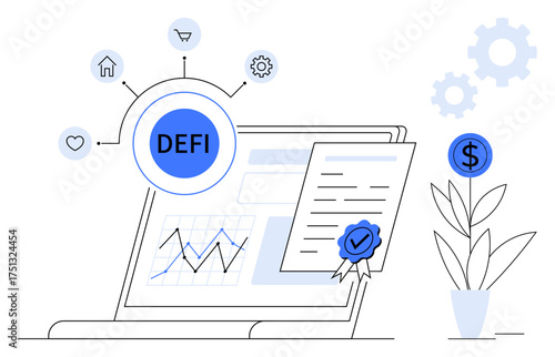 Laptop screen displaying analytics, DeFi diagram, contract with seal, dollar sign, and connected icons. Ideal for finance, blockchain, investment, innovation technology cryptocurrency simple flat
