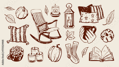 Warm hand drawn cozy autumn home illustration vector set. Rocking chair, candles, pillows, pumpkins, and tea. Hygge, seasonal, decorative design elements.