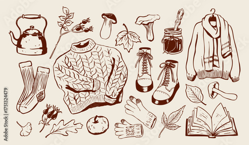 Warm hand drawn cozy autumn illustration vector set. Sweaters, books, tea, shoes, mushrooms, leaves, and fall accessories. Seasonal, cute design elements.