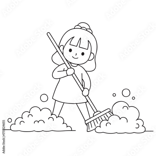 Illustration of a Girl Sweeping with a Broom Surrounded by Clouds, Displaying Simple Lines and a Clean Aesthetic Ideal for Coloring Pages