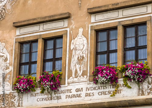 Detailed view of ancient sgraffito wall art on a historical building featuring a figure with a shield and Latin inscriptions below windows with pink flowers.