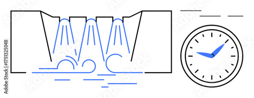 Water cascading through dam structures beside analog clock highlighting efficiency, time, progress. Ideal for time management, productivity, sustainability, energy, planning, resource efficiency