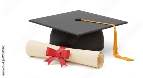 Wallpaper Mural 3D Render of Graduation Cap and Diploma Scroll with Red Ribbon on White Background Torontodigital.ca