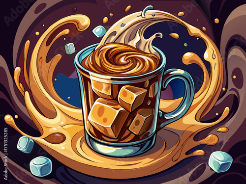 vector of Cooling mug of cold coffee with milk pouring, creating beautiful swirl patterns in dark liquid with ice cubes, isolated on hot coffee