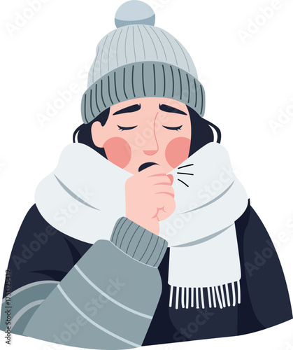 A woman wearing a hat and scarf coughs into her hand, appearing sick and unwell.