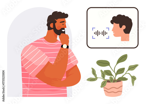 Thoughtful man in striped shirt considering voice recognition interface screen. Potted plant nearby. Ideal for technology, innovation, digital communication, AI, decision-making, research, simple