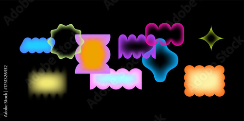 Abstract y2k blur gradient shape. Retro geometric frame. Borders wavy edges. Scallop frames with transparent middle and color gradation for kid design, y2k stickers, retro graphic. Vector illustration