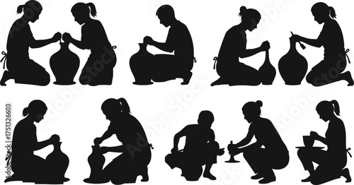 Silhouettes of women making pottery, crafting clay pots, traditional ceramic art, creative sculpting process, handmade vase