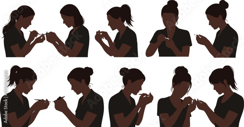 Women doing manicure at salon, nail care routine, grooming hands, beauty procedure, vector illustration, self-care