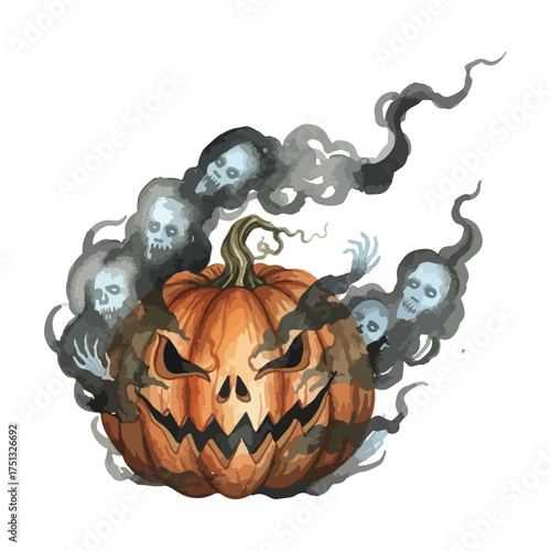 Watercolor Halloween Pumpkin Surrounded by Spooky Ghosts and Eerie Smoke A Hauntingly Beautiful and Festive Autumnal Scene