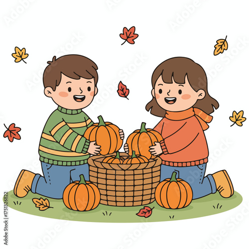 Delightful Autumnal Scene Children Harvesting Pumpkins Together Basket Full Fall Leaves Cheerful Cartoon Style