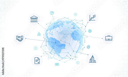 Digital earth globe made of polygons with business and finance icons. Concept of global trade, corporate communication, and worldwide market development using modern technology and data connectivity.