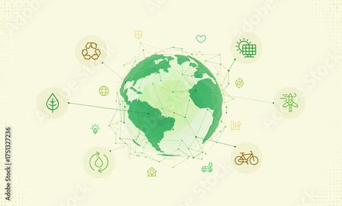 Digital earth globe made of polygons with ecology, renewable energy icons. Concept of sustainable development, green planet, and environmental protection, modern technology and global connectivity.