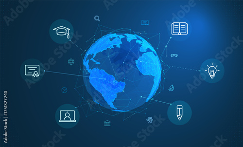 Digital earth globe made of polygons with education, learning icons around. Concept of global knowledge, online learning, and worldwide communication using modern technology and digital connectivity