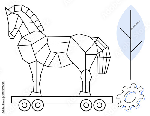 Geometric Trojan horse on wheels alongside a minimalist leaf and gear. Ideal for strategy, innovation, technology, sustainability, history, engineering, design, simple flat metaphor