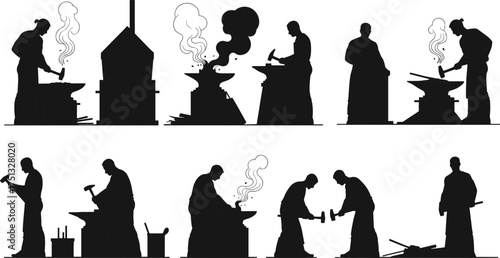 Blacksmiths working with hammer and anvil, metal forging process, traditional craftsmanship, ironwork