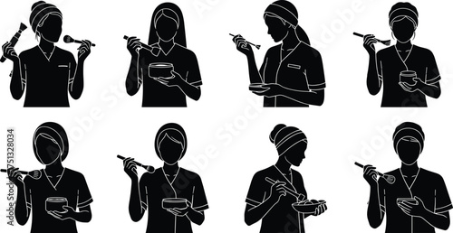 Beautician applying facial mask with brush, skincare routine steps, spa treatment, cosmetic procedure, vector silhouette illustration
