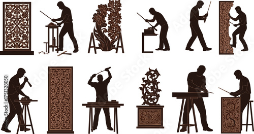 Craftsmen carving detailed wooden patterns in traditional workshop, showcasing fine wood art and craftsmanship skills