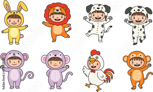 Cute children wearing animal costumes illustration, kids in bunny, lion, dog, monkey, rooster, mouse outfit