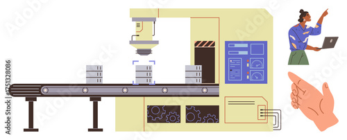 Industrial machine assembling products on conveyor belt, technician with laptop monitoring, pointing hand gesture. Ideal for automation, robotics, efficiency, technology, workflow, production