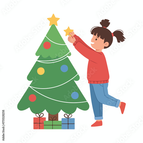 Festive Joy A Girl Decorating a Christmas Tree with Star Topper and Colorful Ornaments with Presents Beneath the Tree