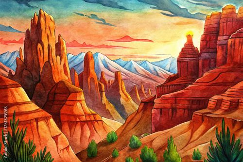canyon landscape, red rock formations, desert plants, sunset shadows, earthy tones, grand nature, travel brochure art, adventure illustration