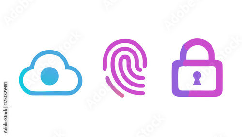 Cloud computing, fingerprint recognition, and data security are represented in this colorful illustration