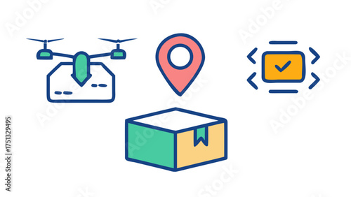 Drone delivery, location tracking, and package verification are depicted in this colorful illustration