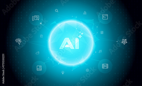 Digital poly sphere. Glowing AI logo, abstract technology icons. Generative artificial intelligence concept, neural network, machine learning. Global innovation in text, image, music, video generation