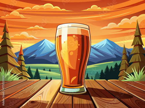 vector of A beautiful tall glass with a narrow waist of beer and wine. It is sitting on a wooden table against a beautiful background