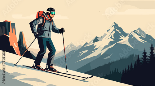 A skier in vintage gear skiing on a mountain slope in retro style