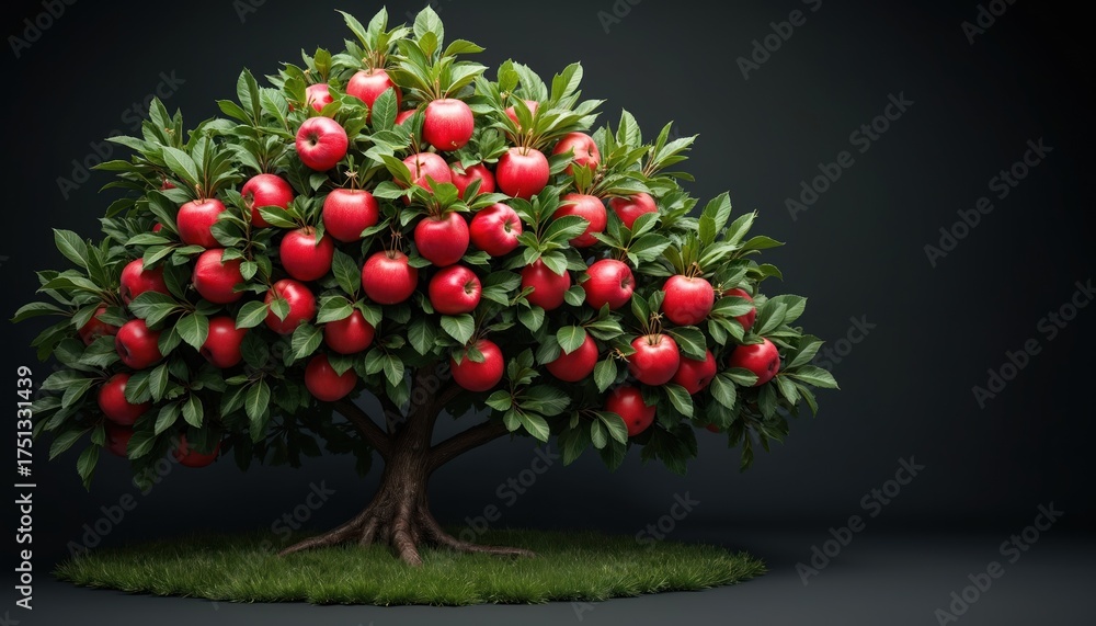 Naklejka premium Abundant apple tree with ripe red fruits and green leaves. Digital render isolated on dark background. Natural product for packaging and food concepts.