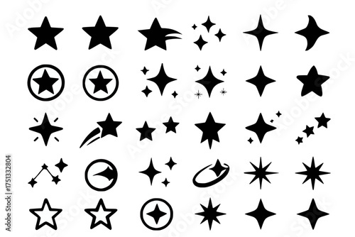 Star and Sparkle Icon Collection in Black on Transparent Background for Celestial and Magical Design