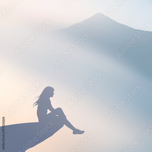 Woman sitting on cliff. Mountain hiking at morning. Silhouette in fog