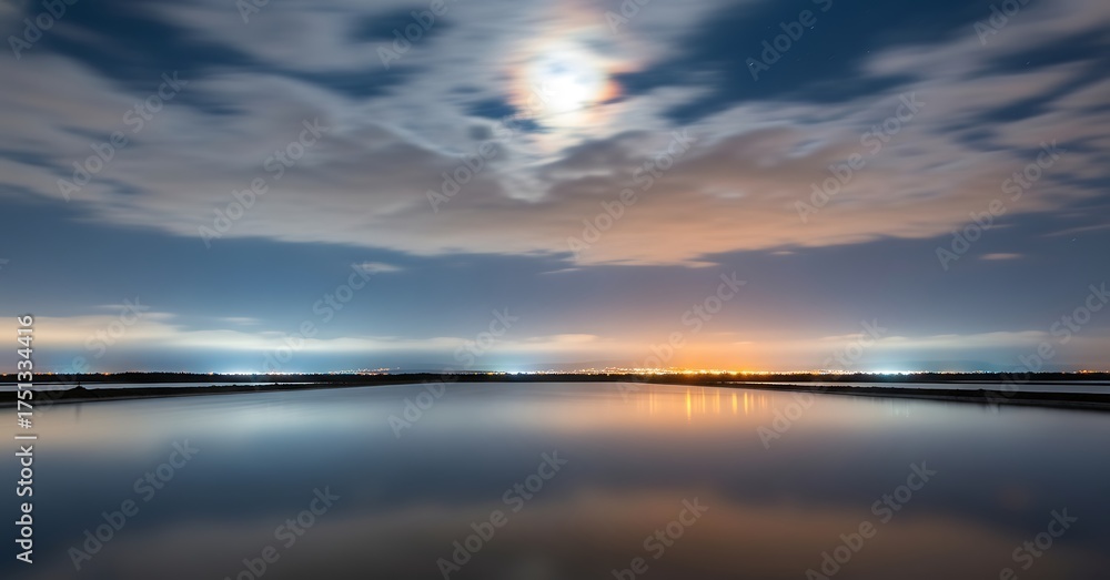 Fototapeta premium Nighttime serenity: A tranquil lake reflects the moonlit sky and distant city lights.