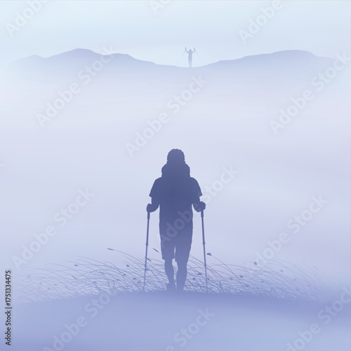 Man walks at mountain. Hiking with trekking poles. Silhouette in fog